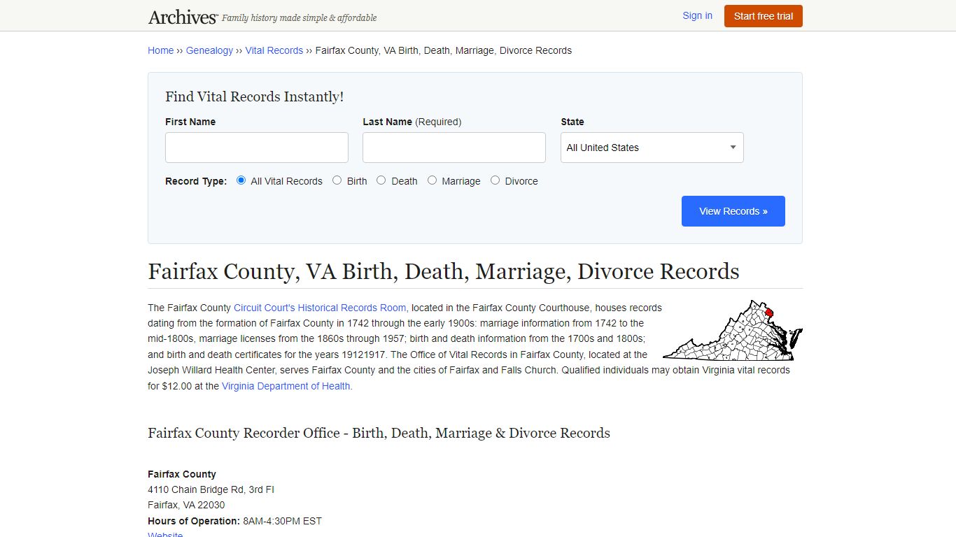 Fairfax County, VA Birth, Death, Marriage, Divorce Records