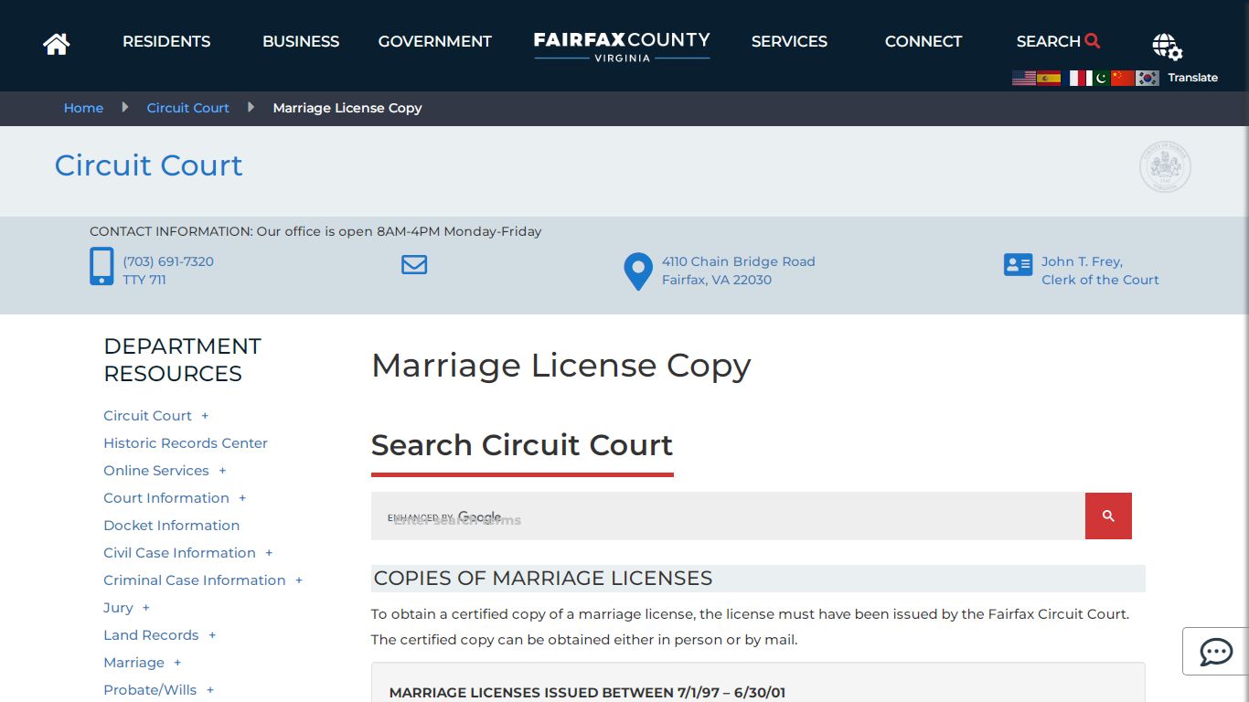 Marriage License Copy | Circuit Court - Fairfax County, Virginia